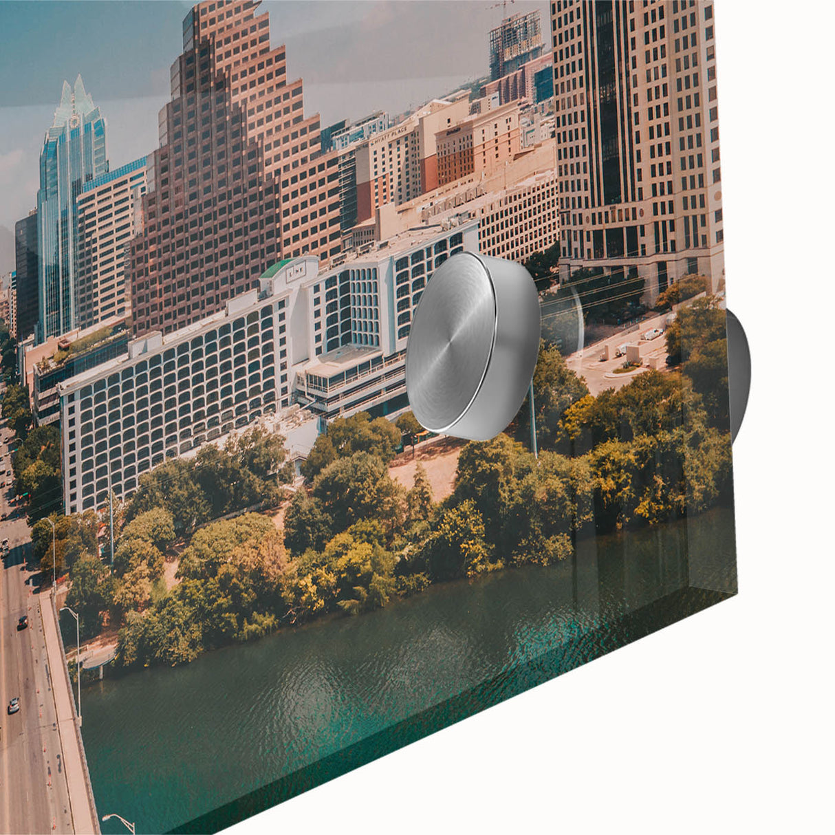Large abstract wall art of Austin, Texas skyline in muted earth tones on acrylic glass, ideal for dining room art.