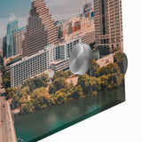 Large abstract wall art of Austin, Texas skyline in muted earth tones on acrylic glass, ideal for dining room art.