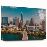 Acrylic print of Austin, Texas skyline with vibrant sunset colors, ideal for dining room decor.