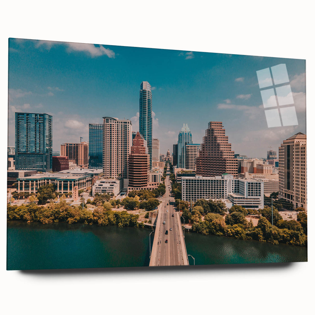 Large abstract wall art depicting the Austin, Texas skyline in vibrant sunset colors on acrylic glass.