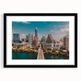 Extra large abstract art print of Austin, Texas, featuring vibrant colors on textured canvas, framed in black.