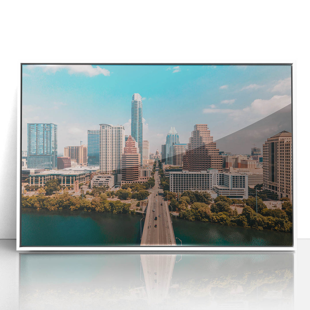 Framed acrylic print of Austin skyline in muted gray and blue tones, ideal for modern art wall decor.