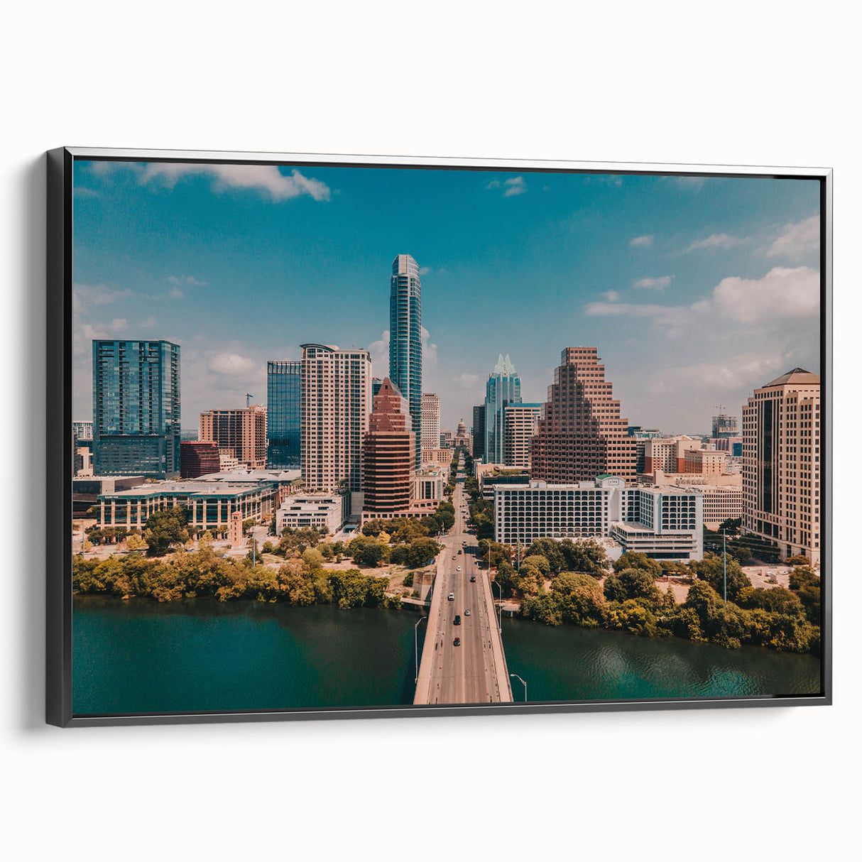 Black and white wall art of Austin, Texas landscape on framed canvas, vintage poster style, ideal for bedroom decor.
