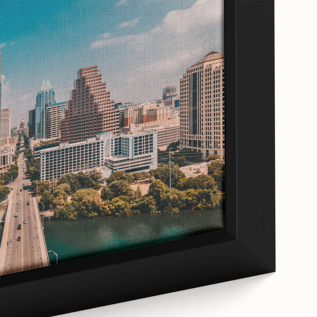 Textured black wall art featuring a colorful Austin skyline on a large framed canvas, ideal for living room decor.