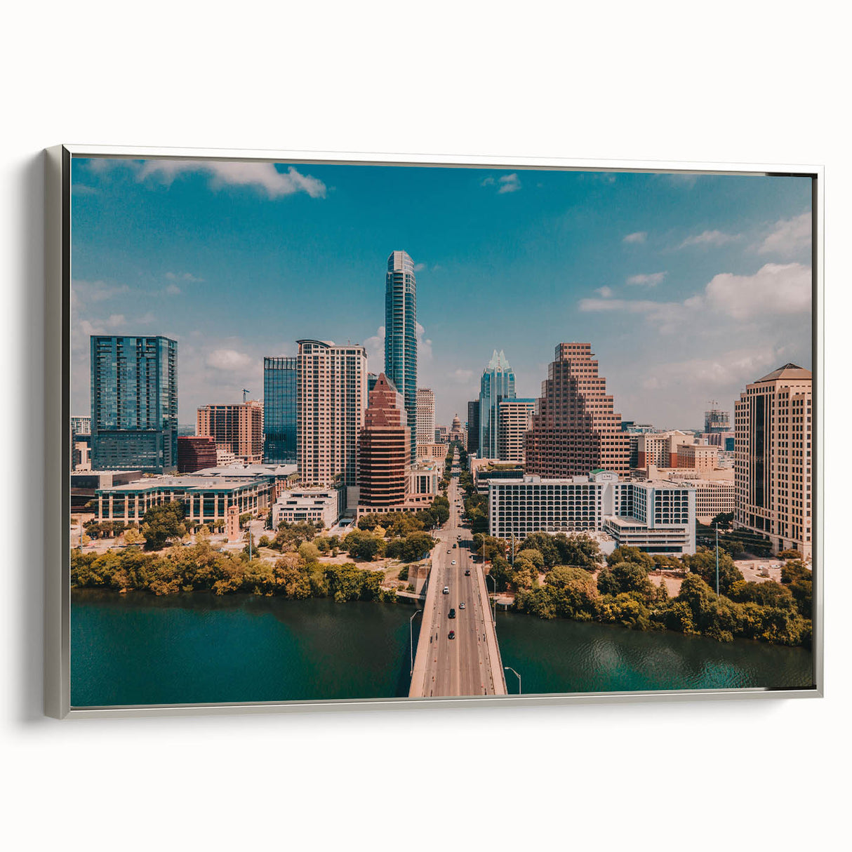 Framed canvas of a colorful Austin, Texas landscape painting in vintage style, ideal for living room decor.