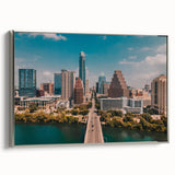 Framed canvas of a colorful Austin, Texas landscape painting in vintage style, ideal for living room decor.