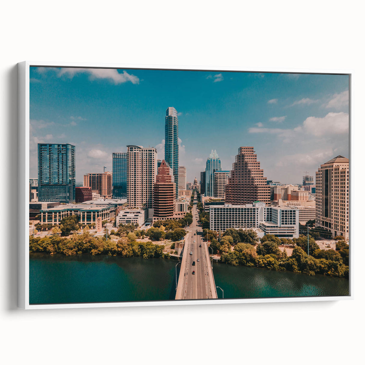 Vintage poster art of Austin, Texas skyline in colorful hues on extra large framed canvas, ideal for living room decor.