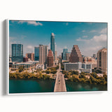 Vintage poster art of Austin, Texas skyline in colorful hues on extra large framed canvas, ideal for living room decor.