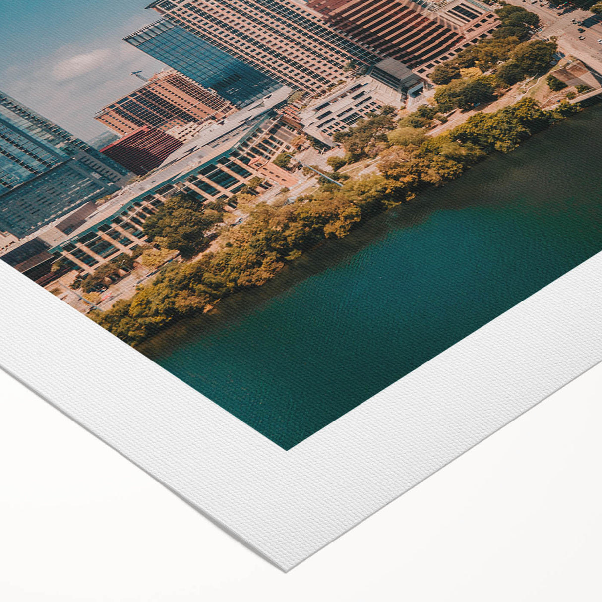 Art deco poster of Austin skyline in muted earth tones on rolled canvas, suitable for dining room decor.