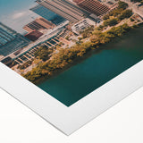 Art deco poster of Austin skyline in muted earth tones on rolled canvas, suitable for dining room decor.