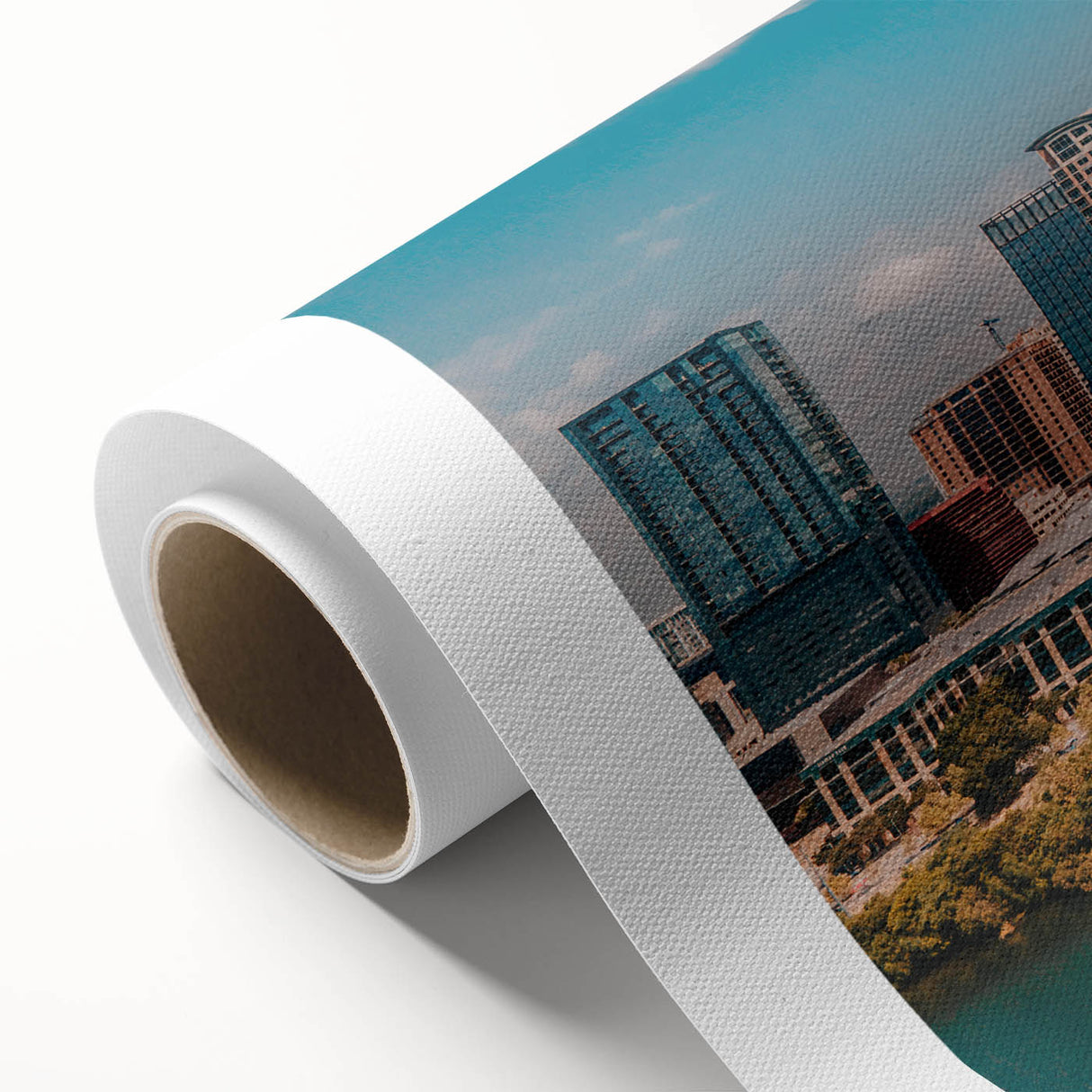 Art deco poster of Austin skyline in muted blues and grays on rolled canvas, suitable for nursery wall art.