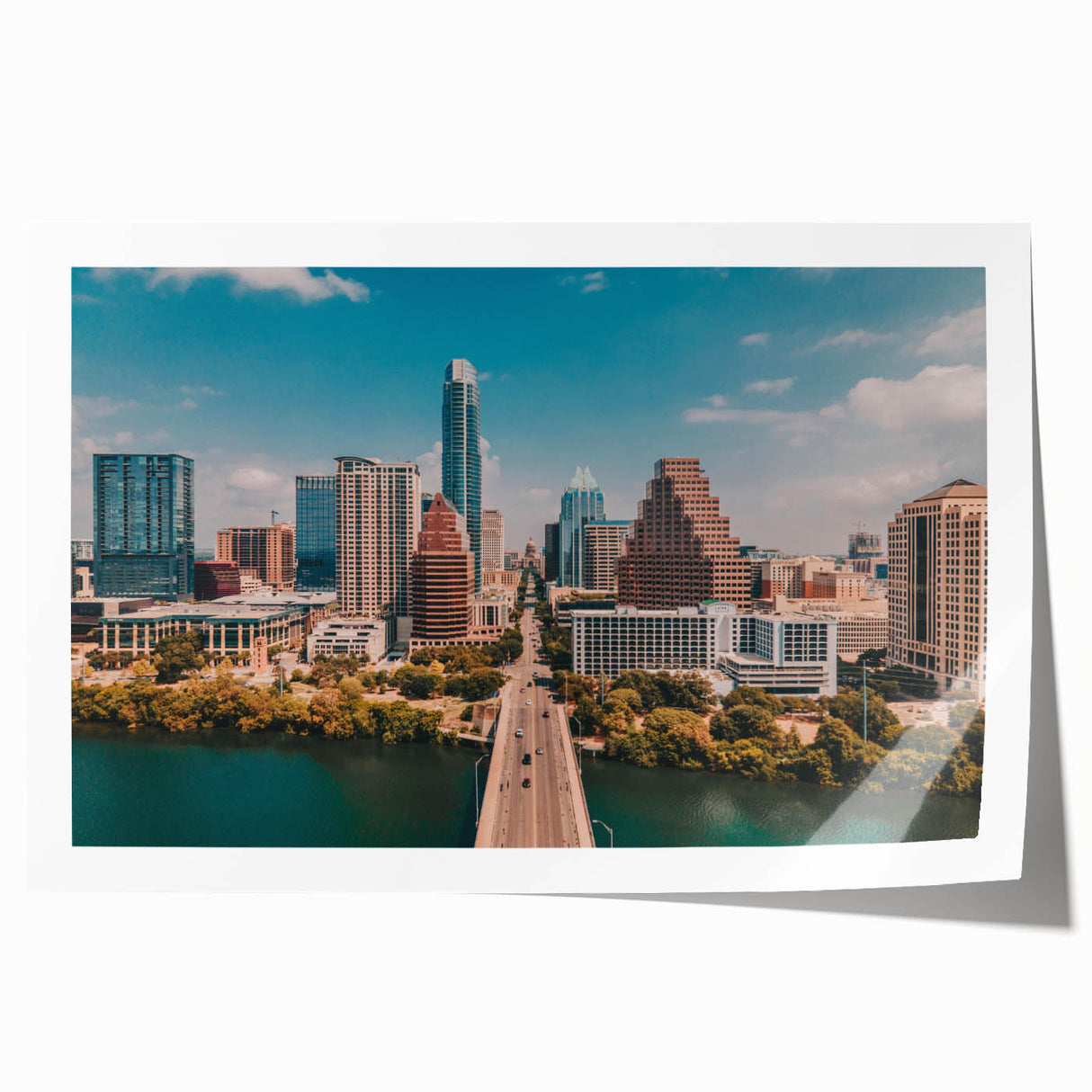 Extra large rolled print of Austin, Texas scenery in muted earth tones, ideal for art wall dining room.