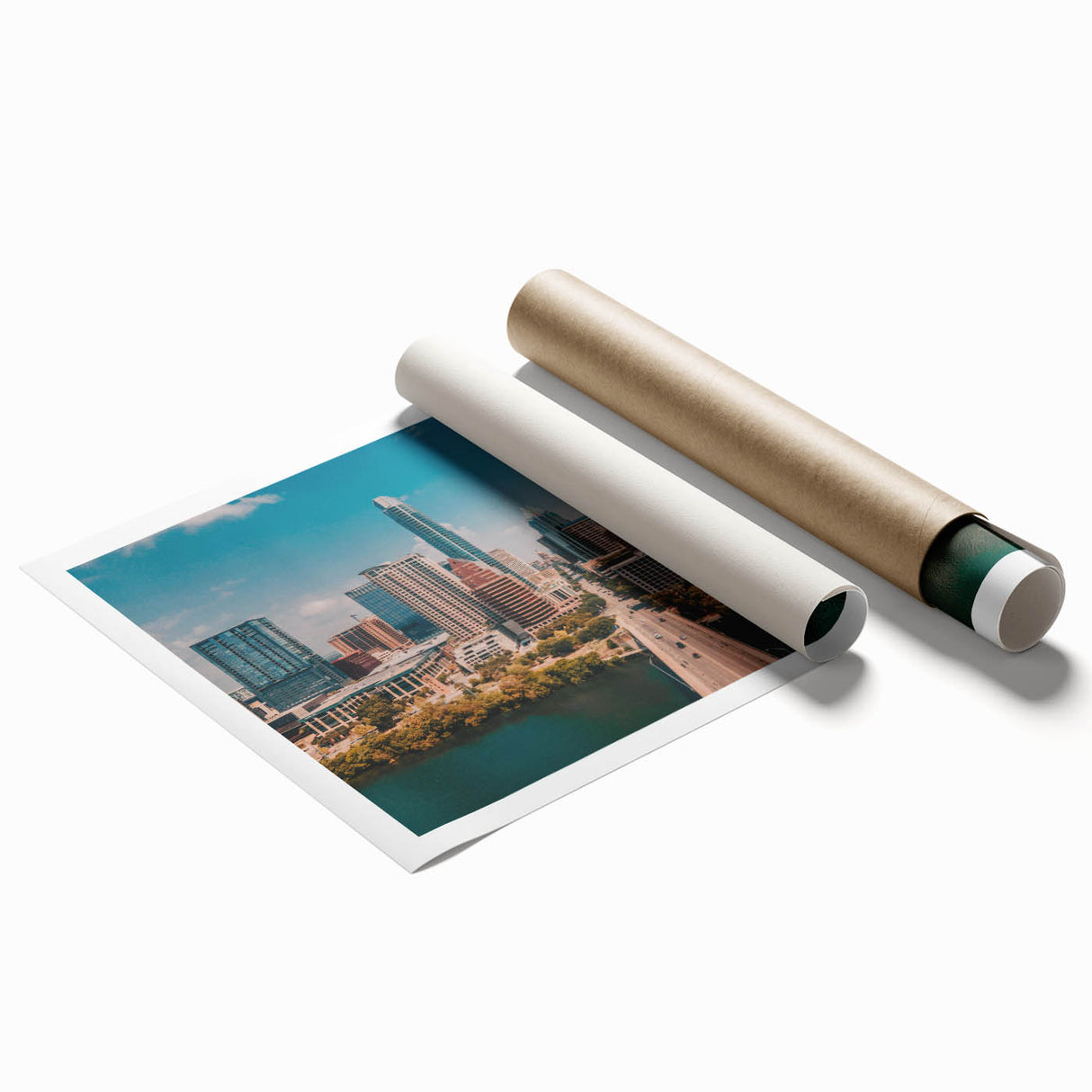 Extra large rolled print featuring a serene Austin, Texas landscape with soft floral elements.