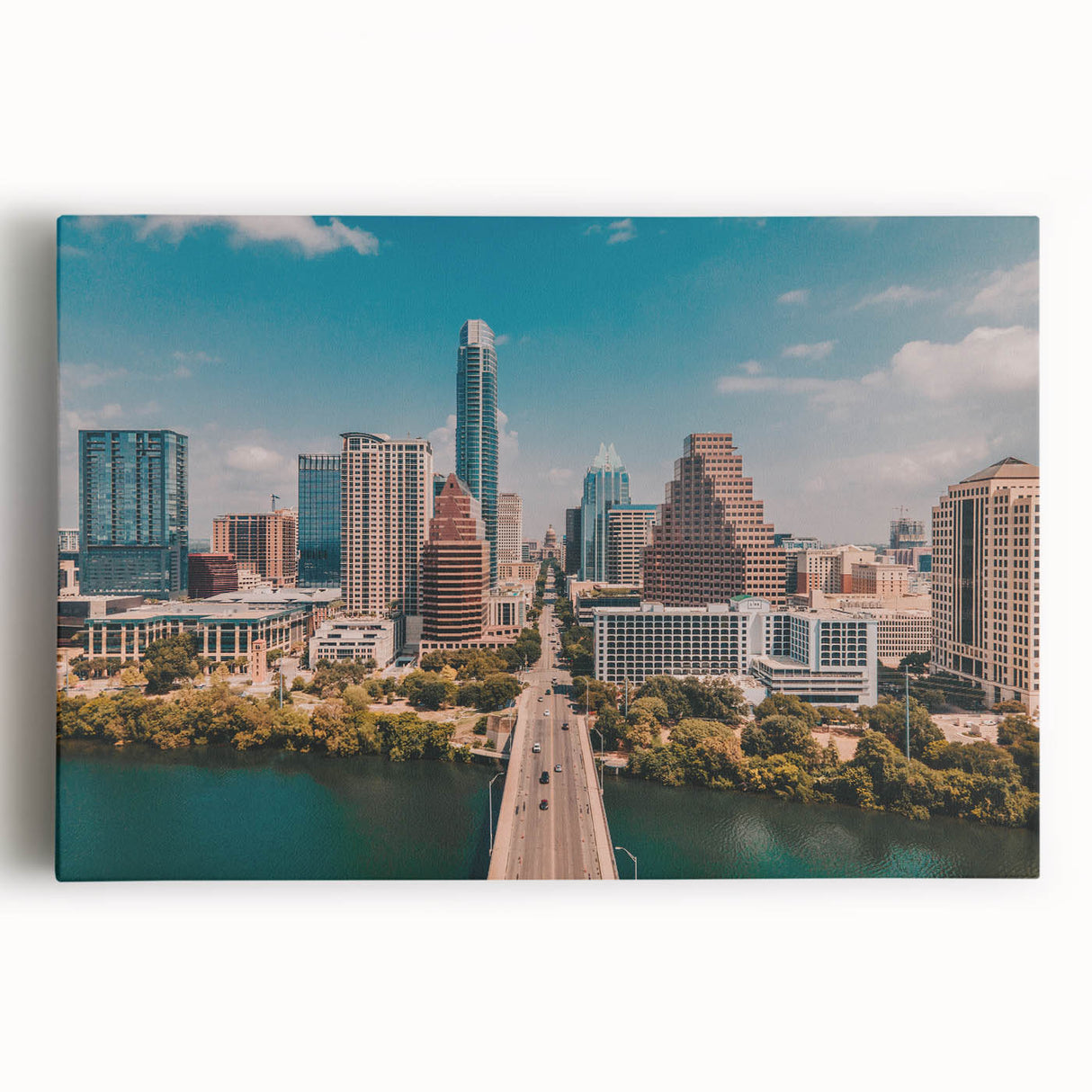 Black and white photo of Austin skyline on large stretched canvas, ideal for kitchen wall art.