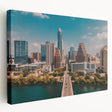 Large art print of Austin skyline in muted earth tones on stretched canvas, suitable for kitchen wall art.