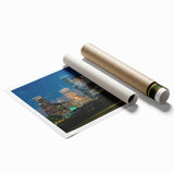 Extra large rolled print of Houston skyline with floral motifs in soft pastel shades.