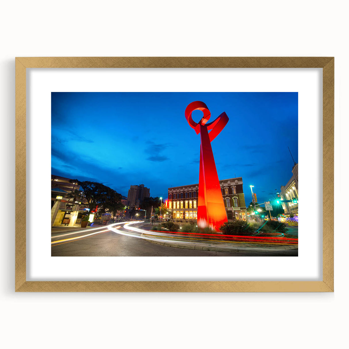 Extra large abstract art print depicting San Antonio scenery in textured gold frame, suitable for living room decor.
