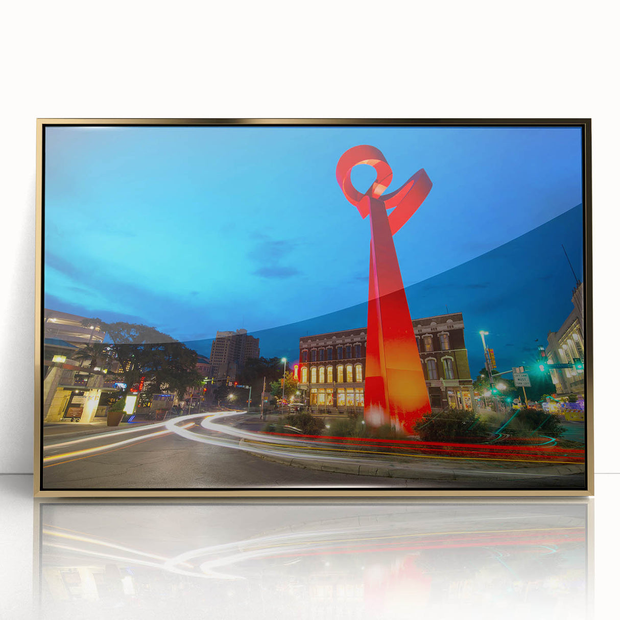 Large art print of San Antonio skyline in gold and black hues on framed acrylic, ideal for modern art wall decor.