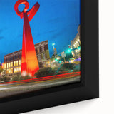 Extra large framed canvas featuring a textured depiction of the San Antonio skyline in black with colorful accents.
