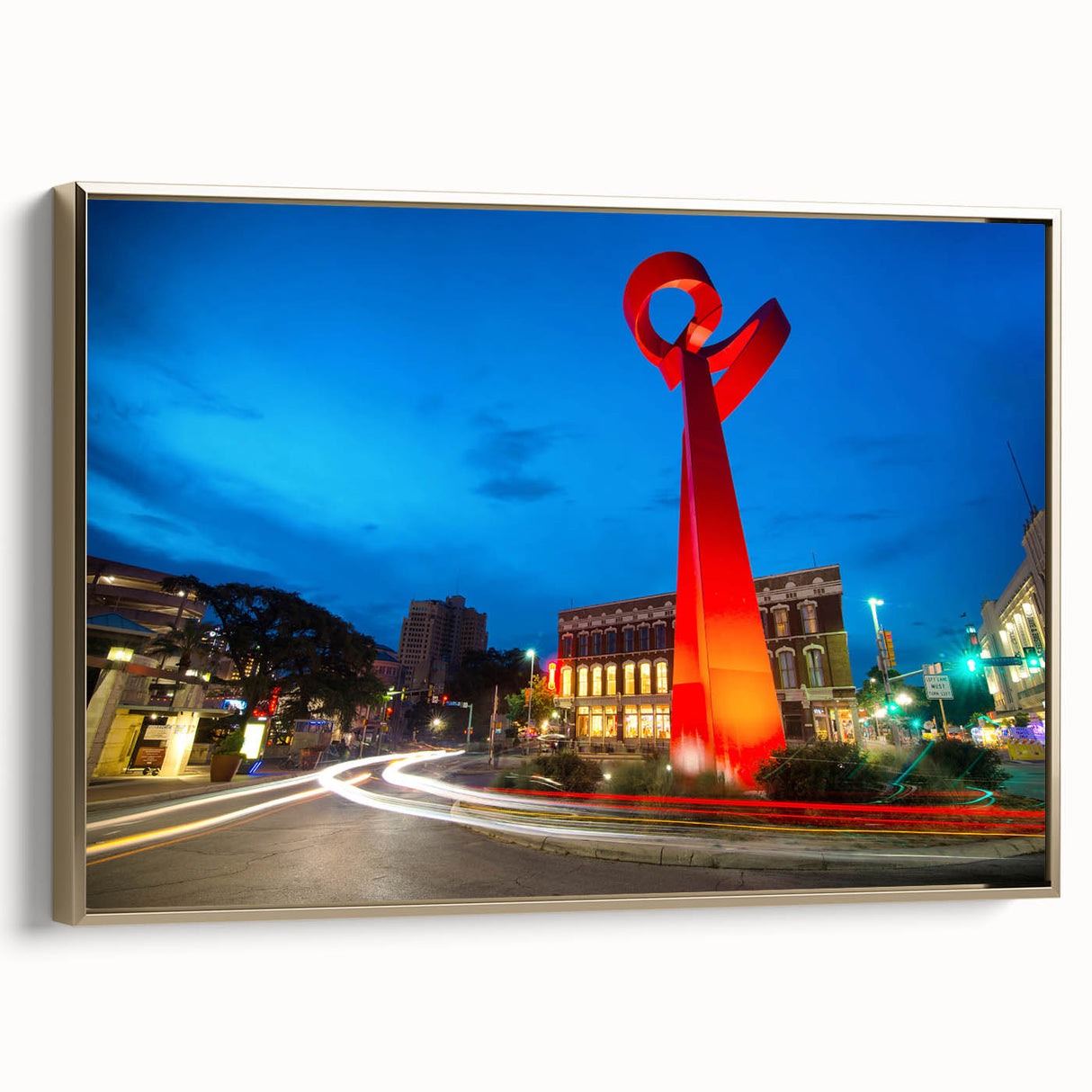 Framed canvas of a vintage-style San Antonio landscape in black and gold tones, ideal for bedroom wall art.