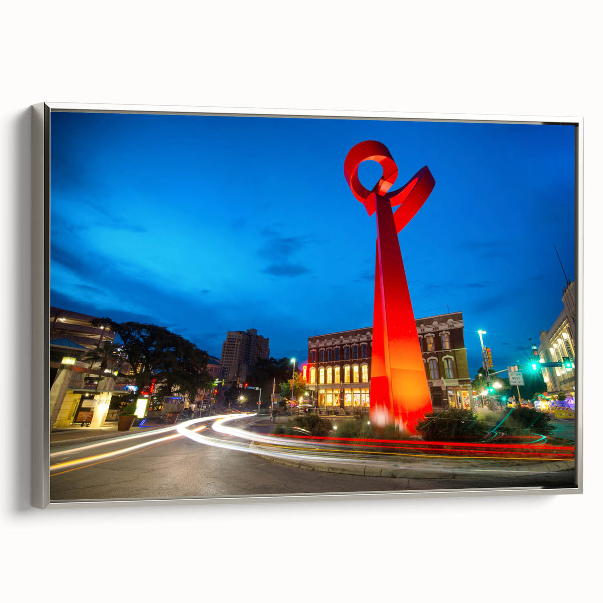 Framed canvas of a vintage San Antonio landscape in vibrant colors on a black background, ideal for living room decor.
