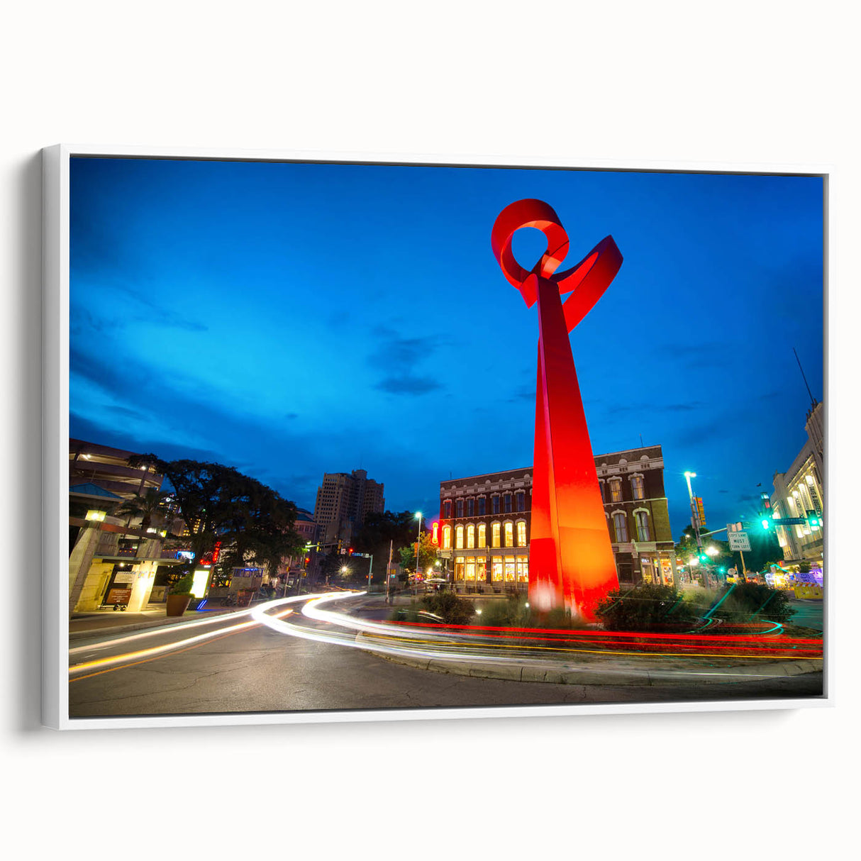 Vintage poster art of San Antonio skyline in colorful hues on extra large framed canvas, ideal for living room decor.