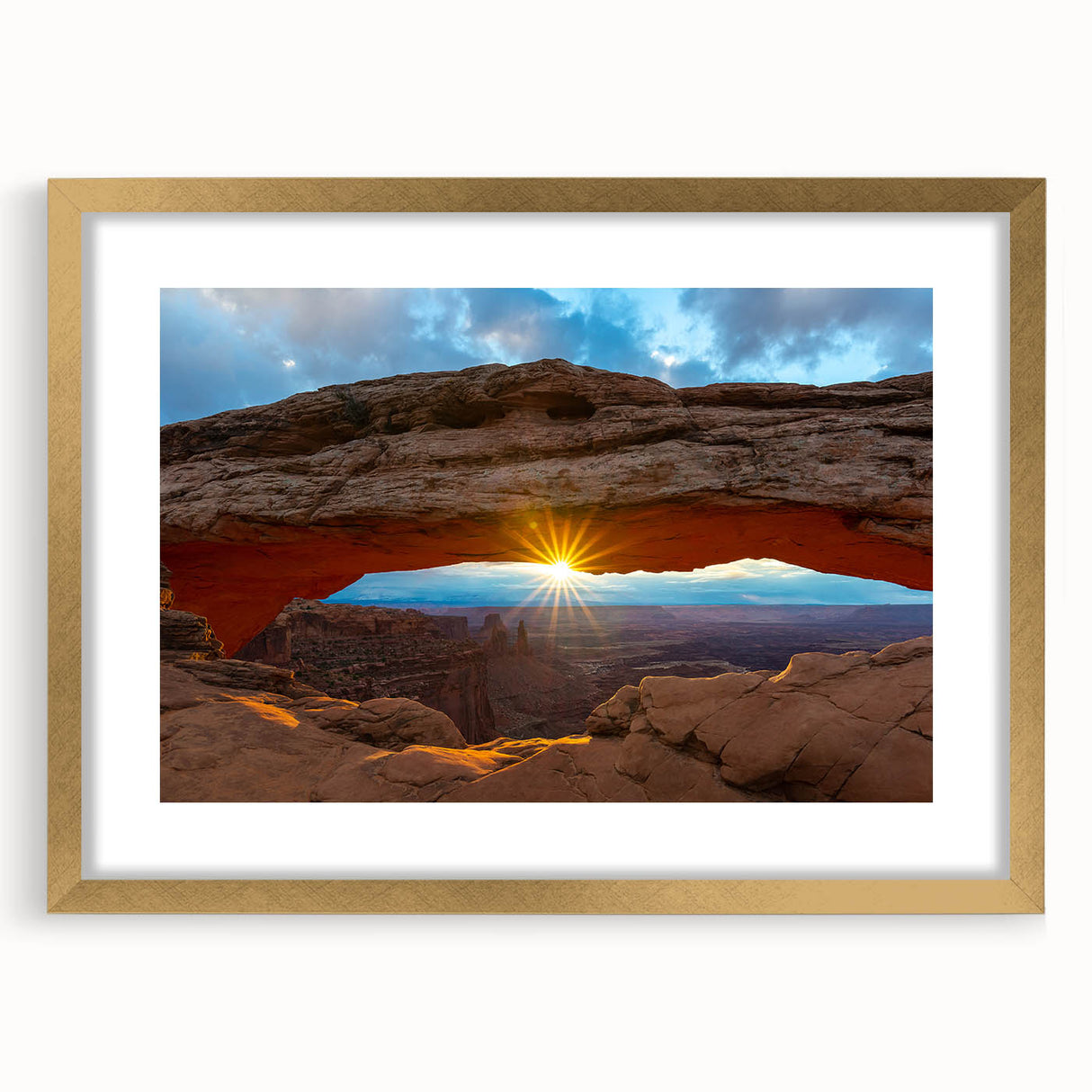 Extra large wall art featuring abstract depiction of Utah Arches in textured colors on a gold-framed canvas.