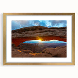 Extra large wall art featuring abstract depiction of Utah Arches in textured colors on a gold-framed canvas.