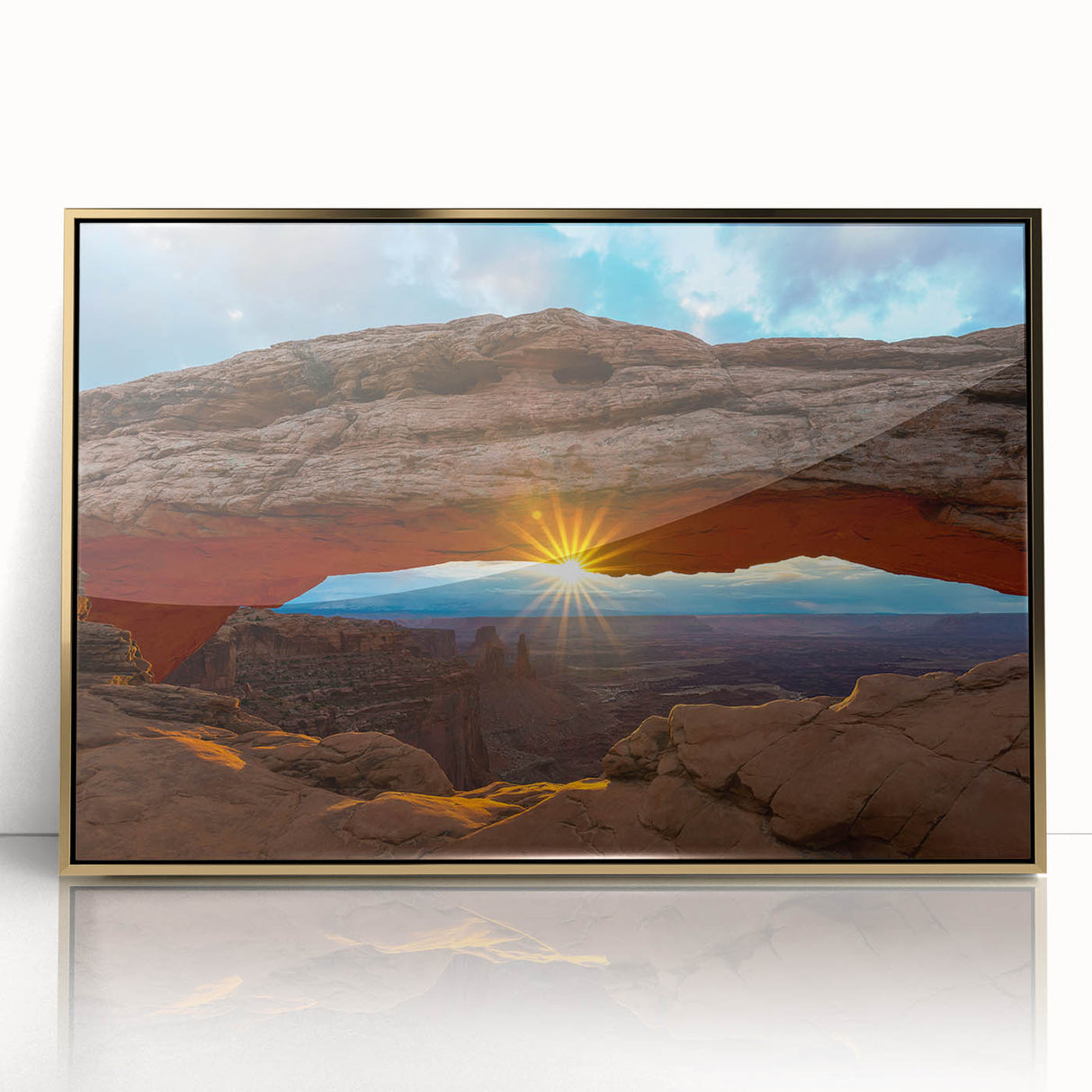 Framed acrylic print of Arches National Park in muted earth tones, ideal for modern art wall decor.