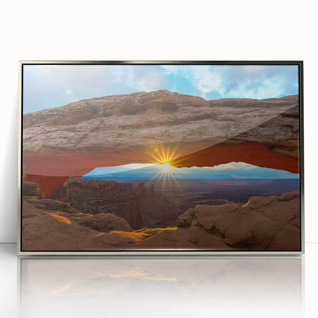 Mid-century modernist art depicting the Arches National Park in Utah, framed acrylic with silver border.