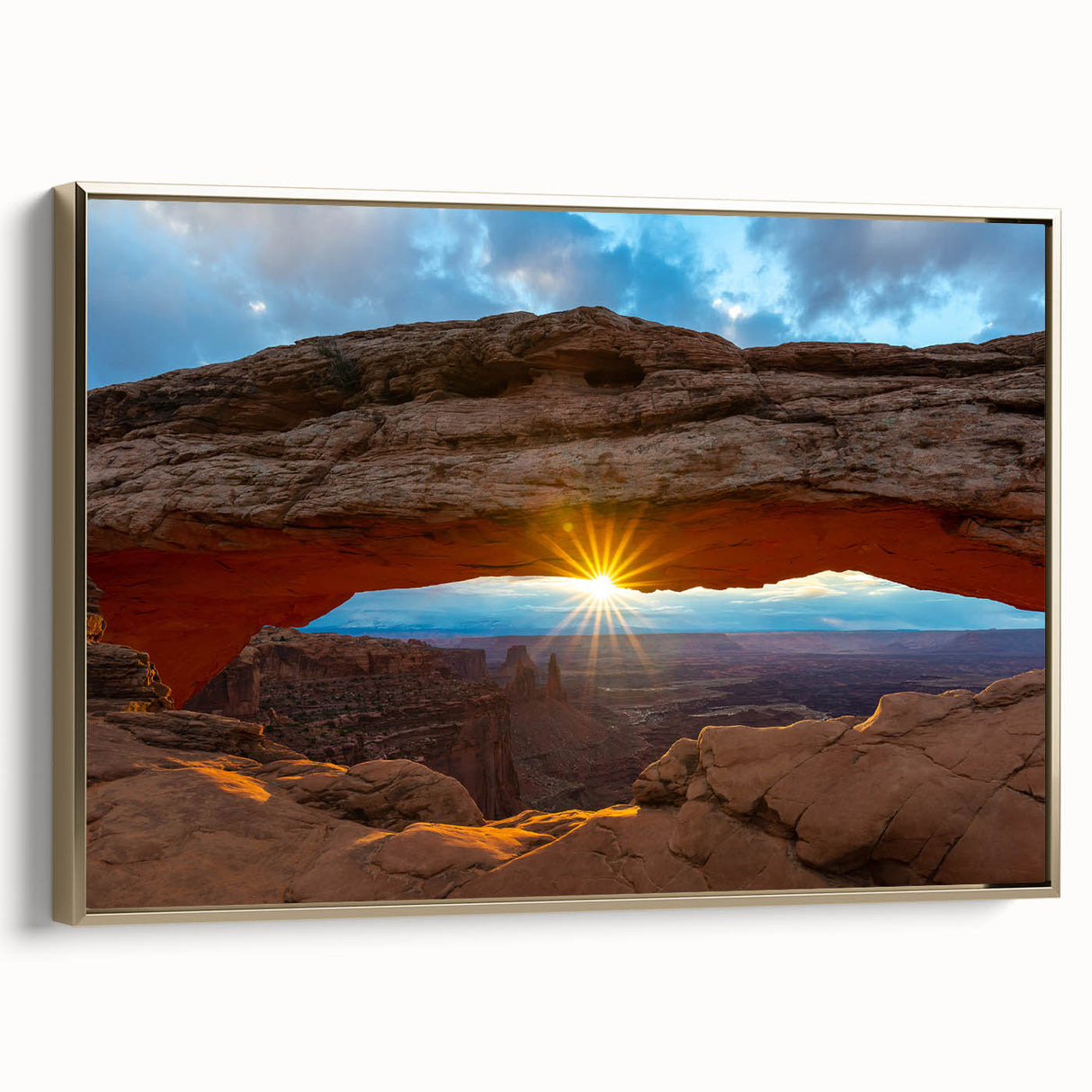 Framed canvas depicting a vintage-style landscape of Arches National Park in muted earth tones, ideal for bedroom wall art.