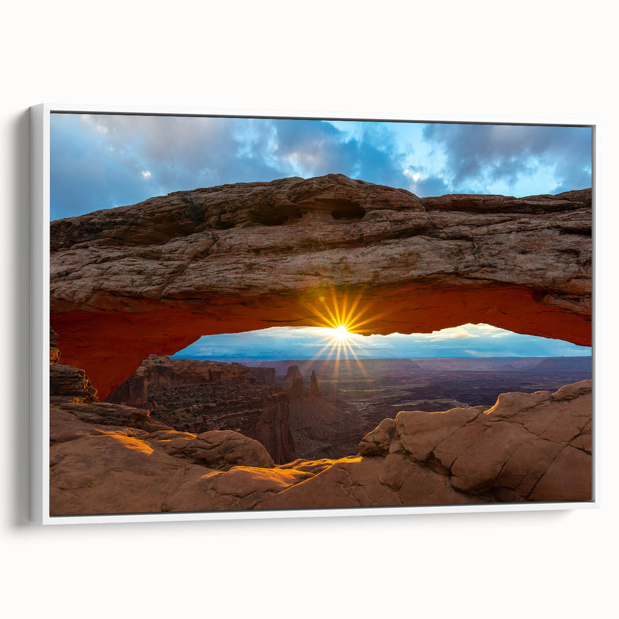 Vintage poster art of Arches National Park in vibrant colors on a large framed canvas, ideal for living room decor.