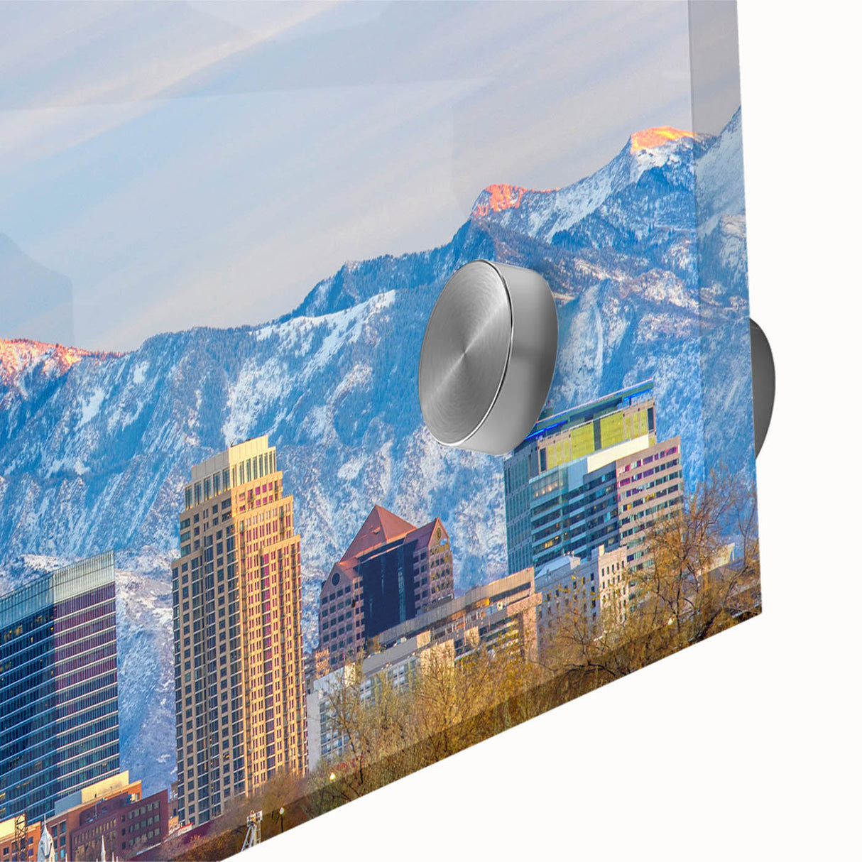 Large abstract wall art of Salt Lake City in muted earth tones on acrylic glass, suitable for dining room ambiance.