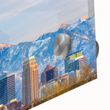 Large abstract wall art of Salt Lake City in muted earth tones on acrylic glass, suitable for dining room ambiance.