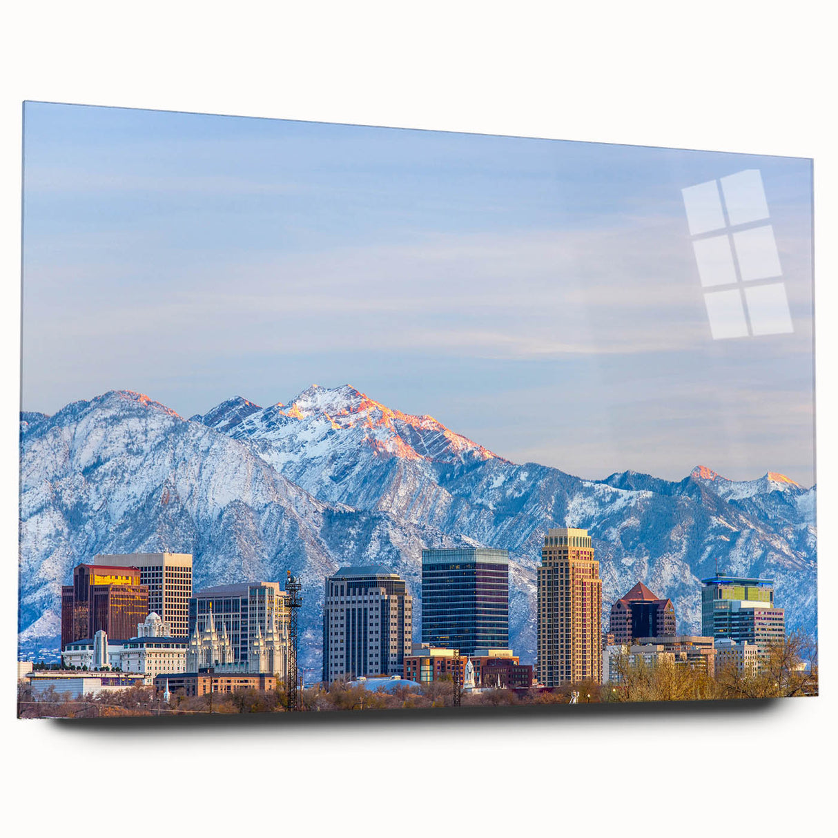 Acrylic print of Salt Lake City with soft pastel shades, ideal for bedroom or dining room art.