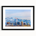 Abstract art print of Salt Lake City with vibrant, colorful textures on a large framed canvas, ideal for living room decor.