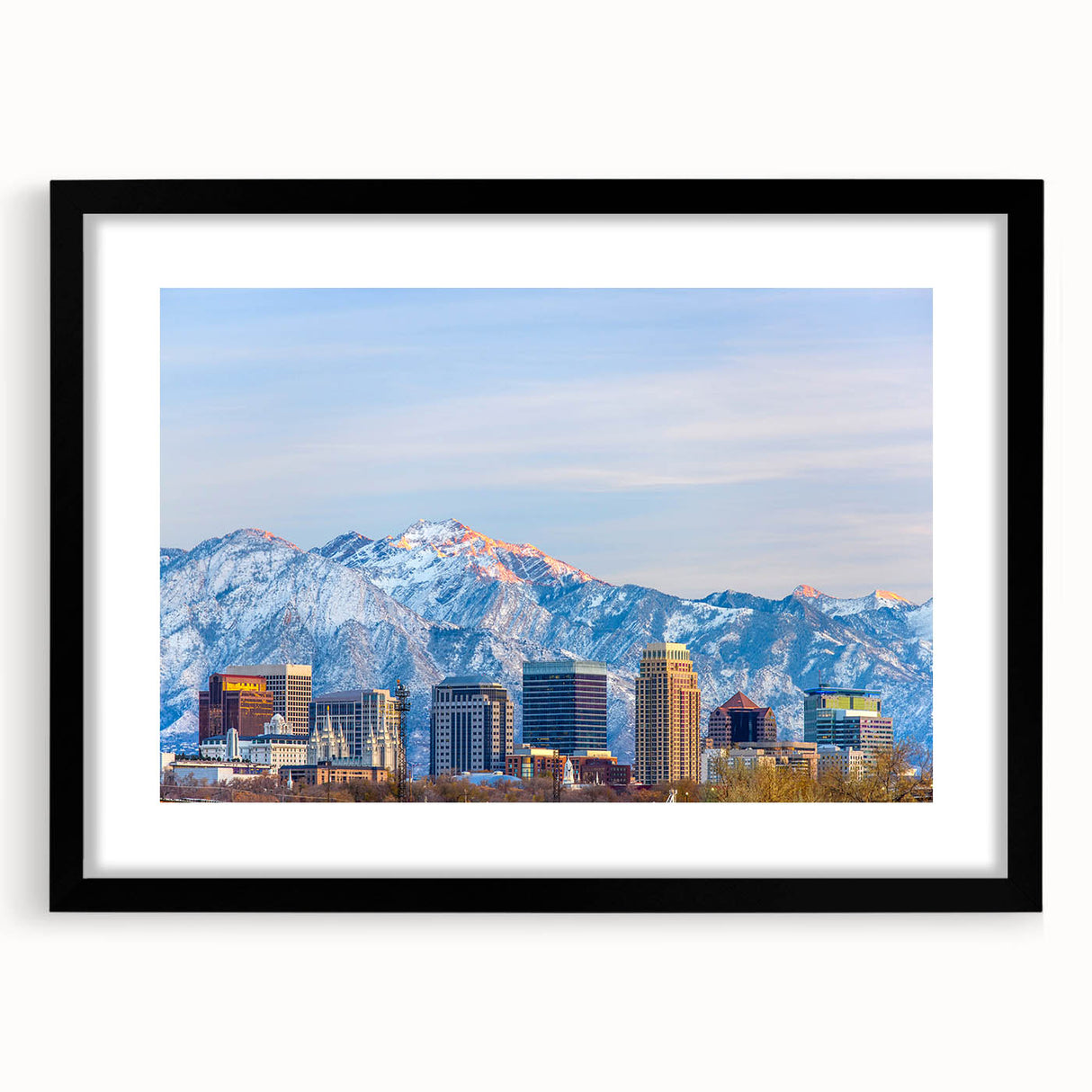 Abstract art print of Salt Lake City with vibrant, colorful textures on a large framed canvas, ideal for living room decor.