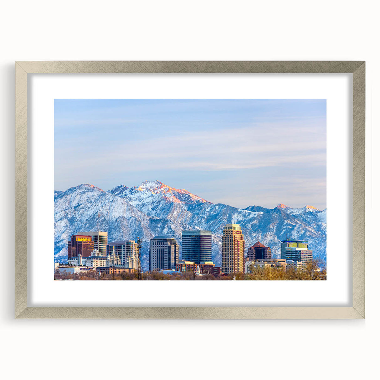 Textured abstract art print of Salt Lake City skyline in muted earth tones, framed in silver, ideal for bedroom art.