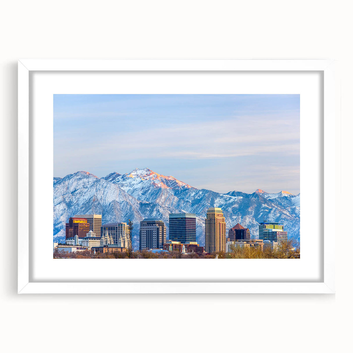 Abstract art print of Salt Lake City in muted gray and blue tones on a white framed canvas, suitable for dining room decor.