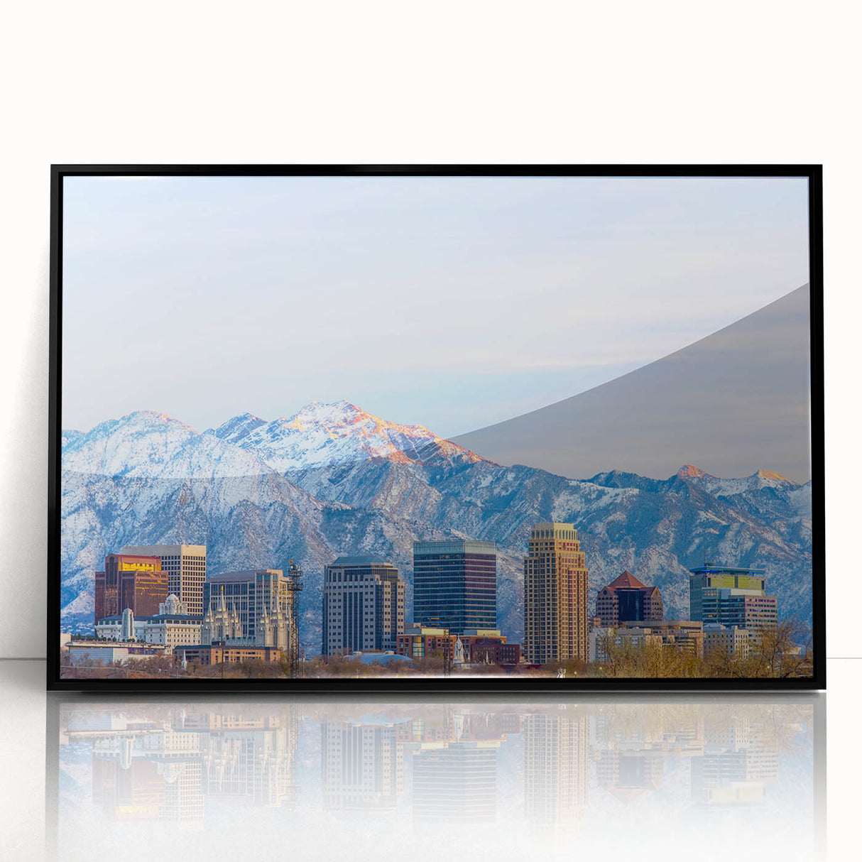 Large abstract wall art of Salt Lake City in muted earth tones on a framed acrylic, suitable for modern living room decor.