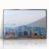 Mid-century modernist art depicting Salt Lake City in muted earth tones on a silver-framed acrylic print.