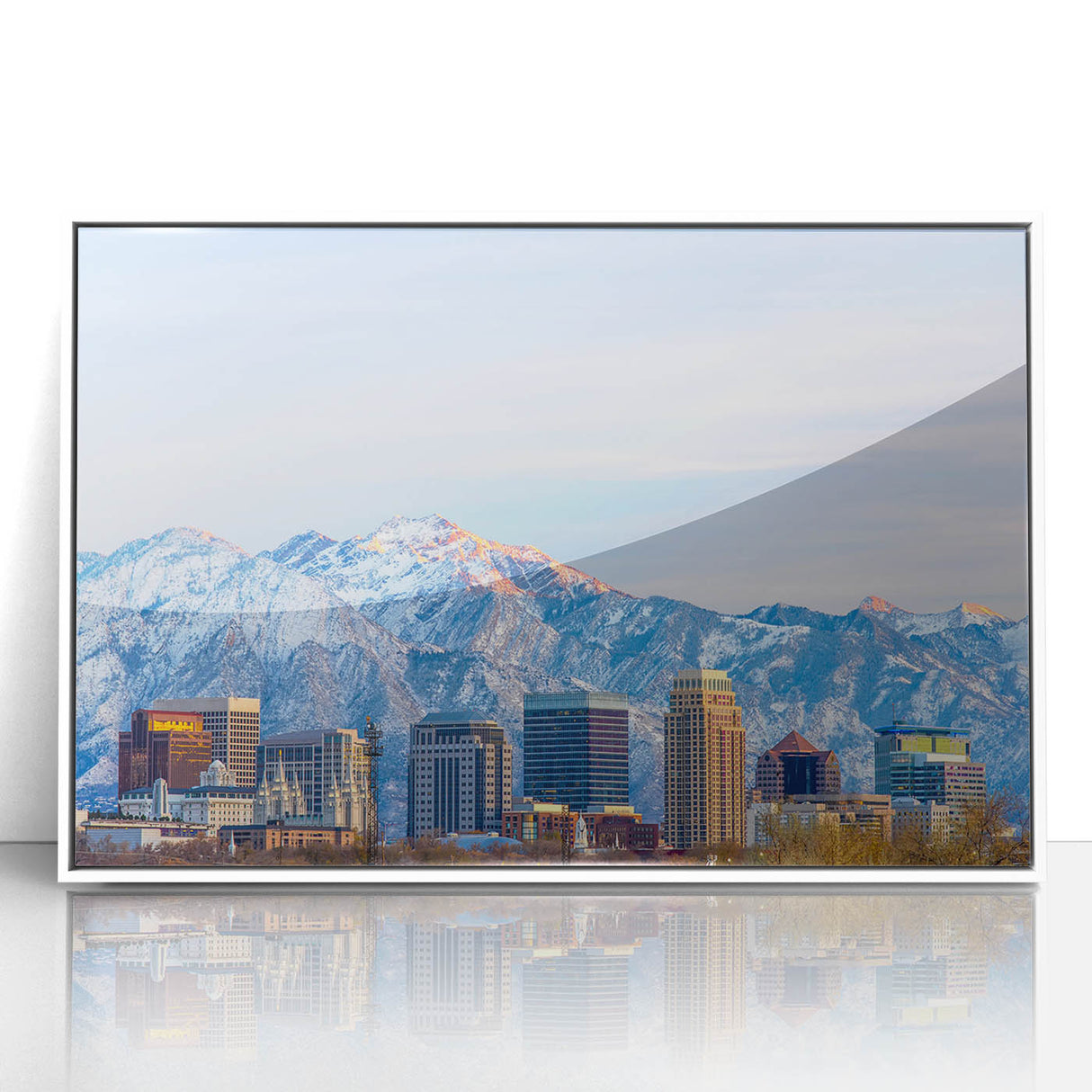 Modern art wall decor featuring Salt Lake City with pastel blue and white tones on framed acrylic.