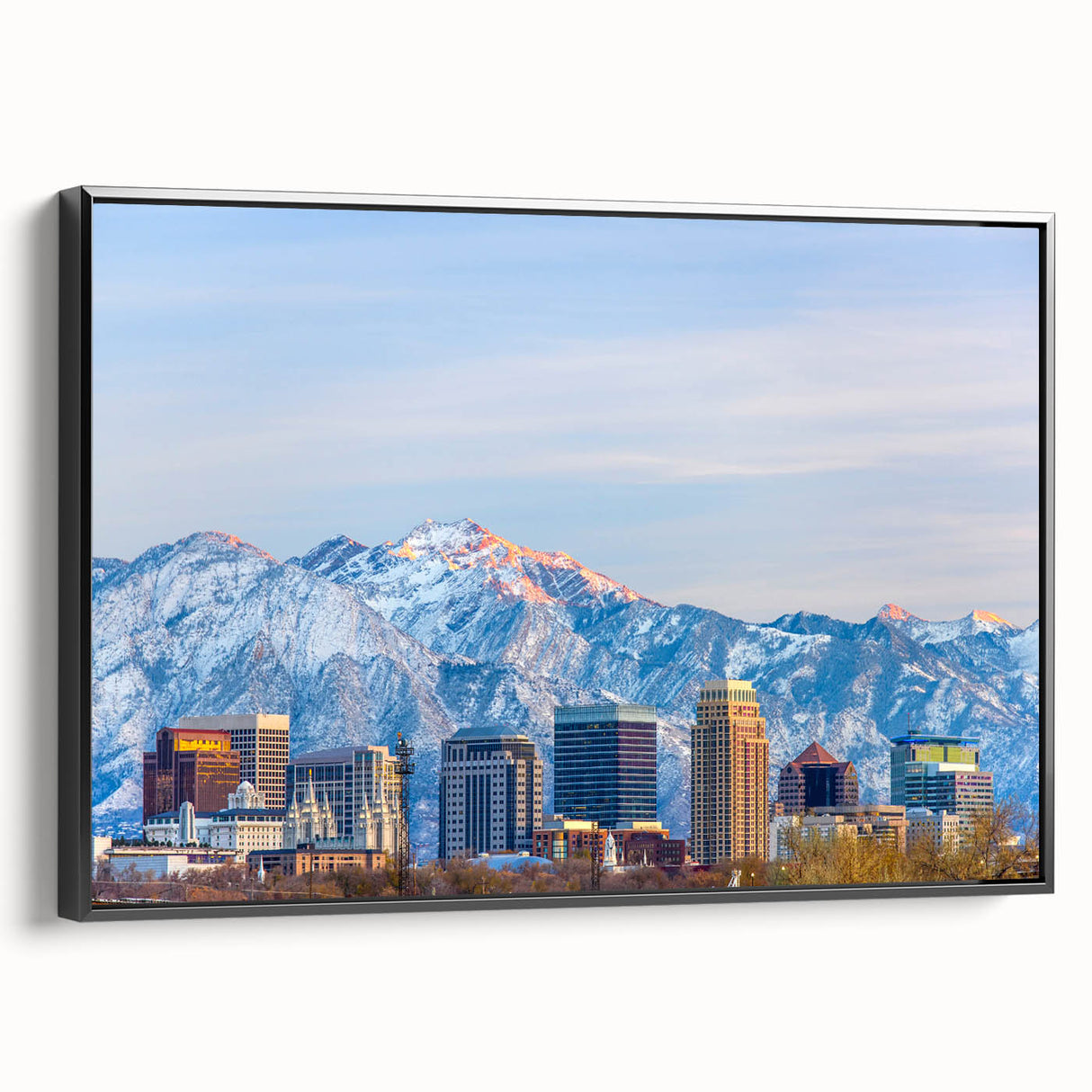 Framed canvas featuring a black and white vintage poster art of Salt Lake City landscape, ideal for bedroom decor.
