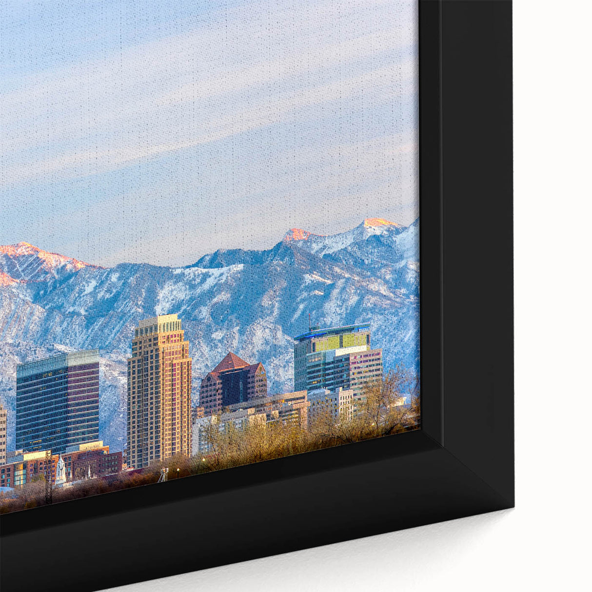Extra large black wall art of Salt Lake City with textured, colorful details on framed canvas.