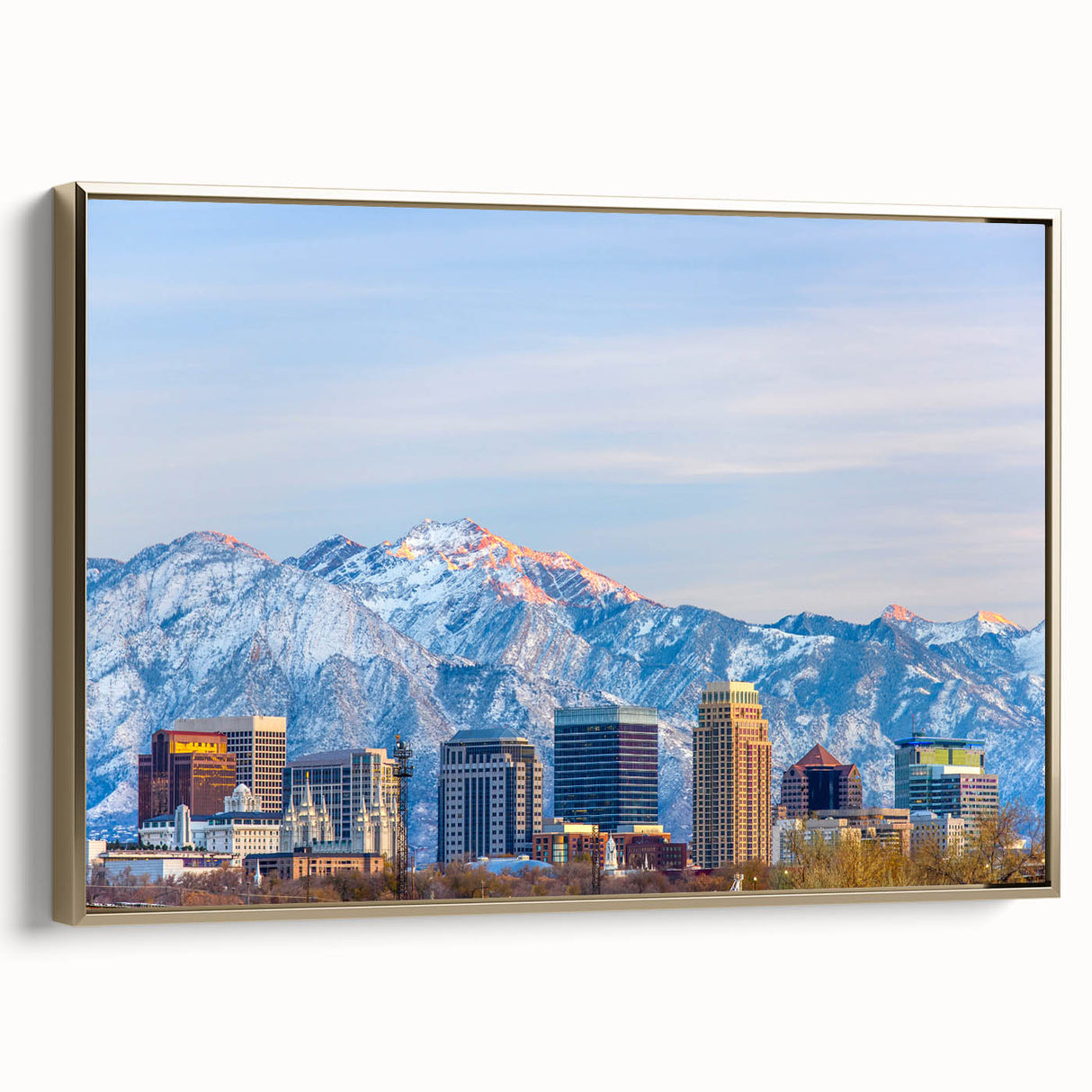 Framed canvas of Salt Lake City landscape in vintage style with gold and black tones, suitable for bedroom wall art.