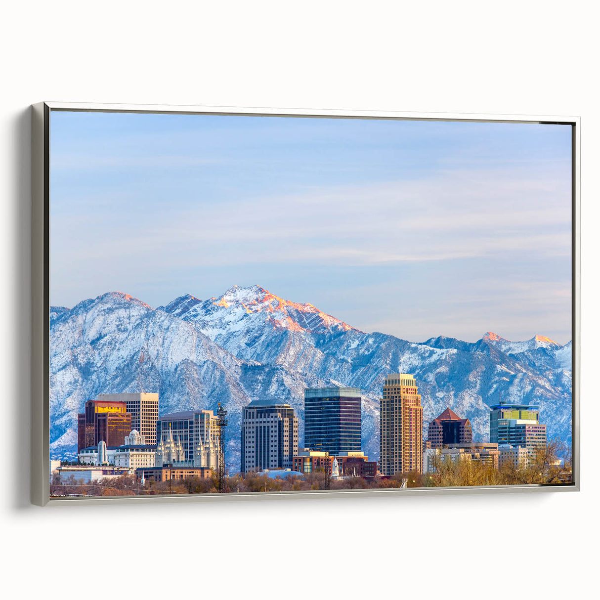 Framed canvas of Salt Lake City landscape art painting in vintage style, featuring colorful hues against a black background.