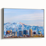 Framed canvas of Salt Lake City landscape art painting in vintage style, featuring colorful hues against a black background.