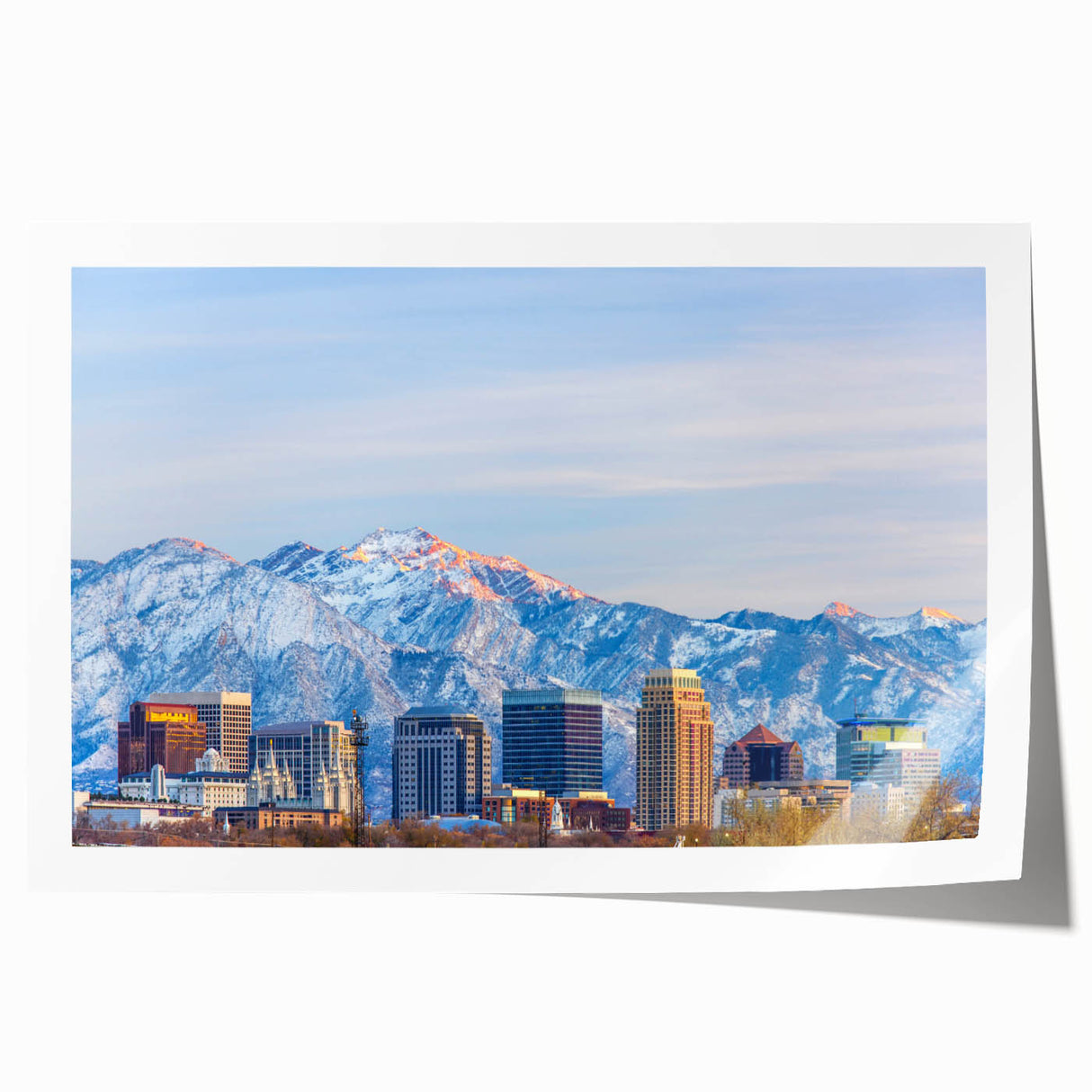 Rolled print of Salt Lake City with floral accents in soft pastel colors, suitable for art wall dining room.