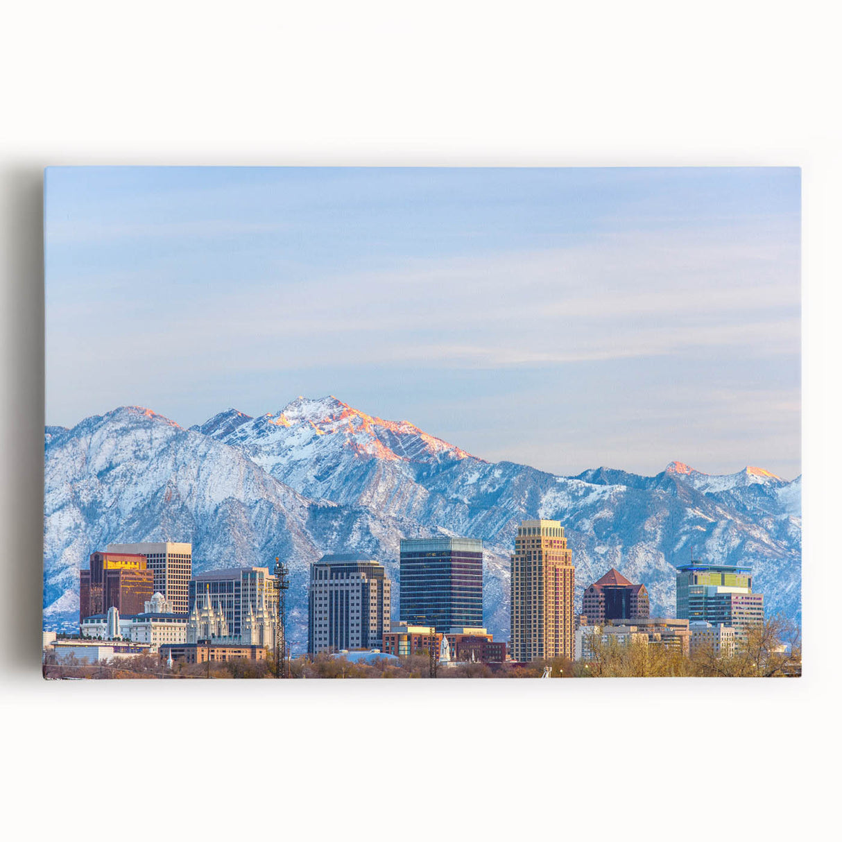 Black and white stretched canvas of Salt Lake City skyline, ideal for kitchen wall art.