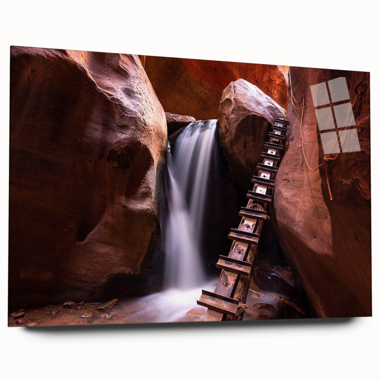 Large abstract depiction of Zion National Park in muted earth tones on acrylic glass, ideal for bedroom or dining room art.